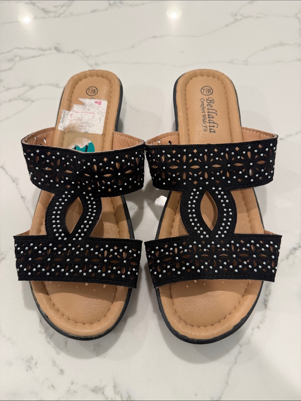 5/$25 Belladia Black Two-Band Rhinestone Slide Sandals